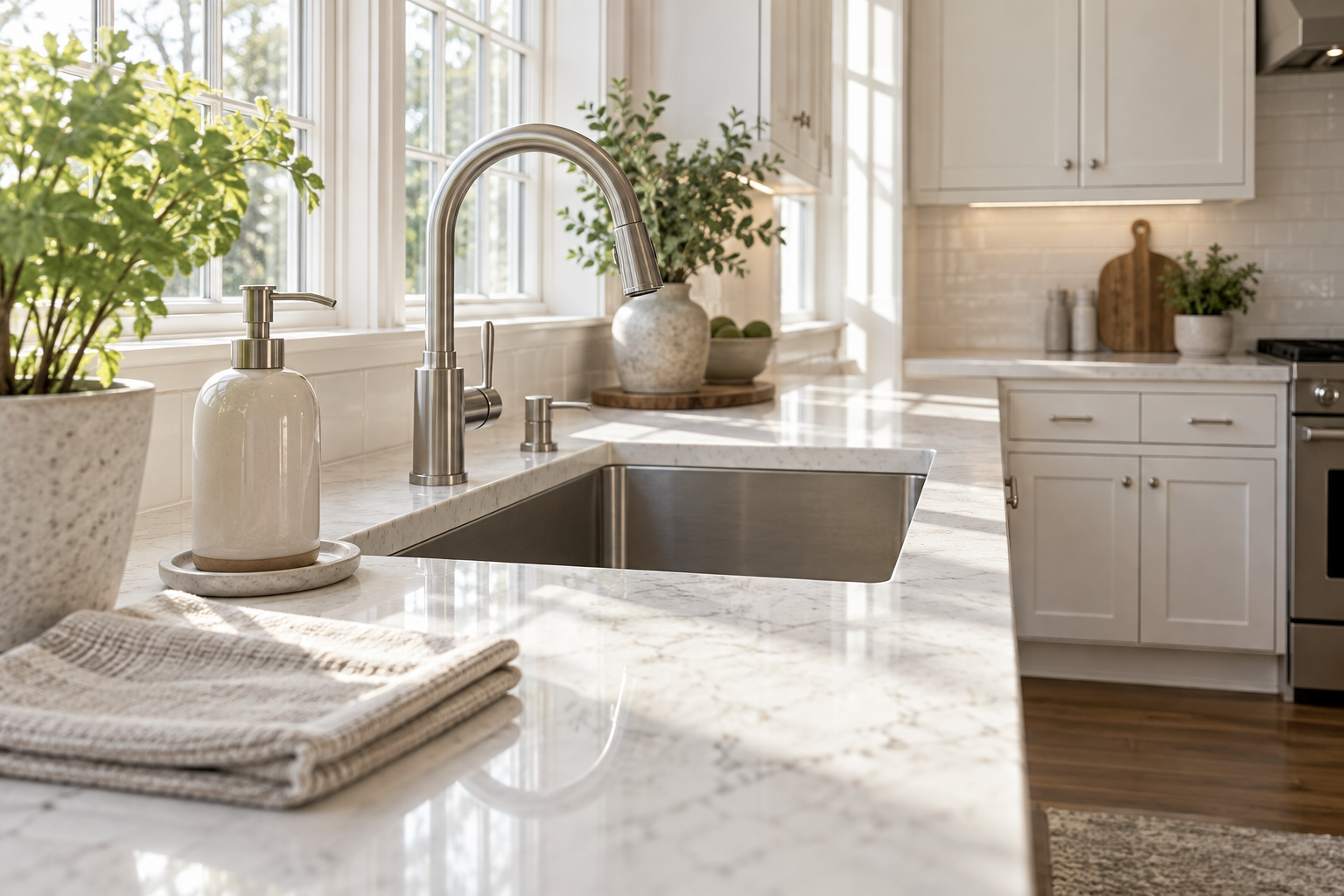 Spotless kitchen sink and polished counter detail