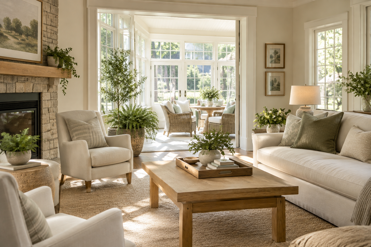 Freshly cleaned sunroom and living area in a Maryland home