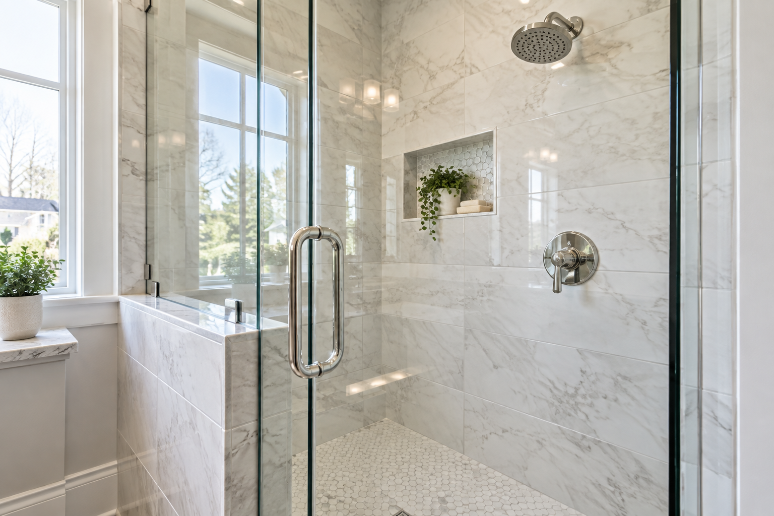 Sparkling shower glass and freshly cleaned tile